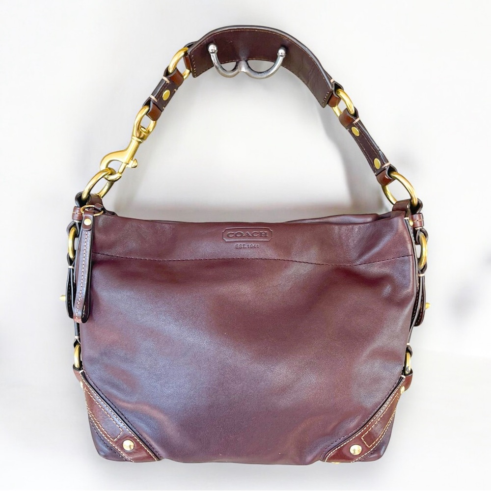 Coach Carly Brown Leather Hobo Handbag Purse #10615 with Brass Details